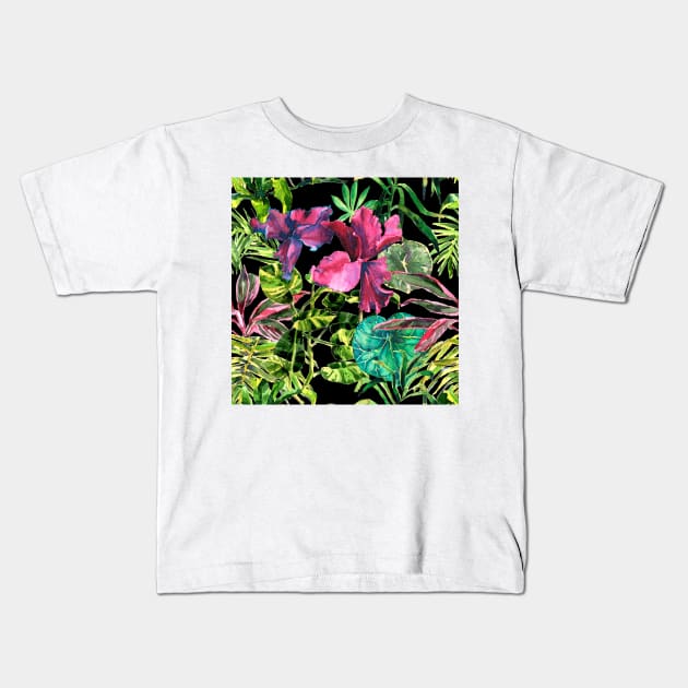 Seamless tropical flower, plant and leaf pattern background Kids T-Shirt by Olga Berlet